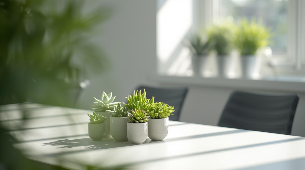 Small assortment of office-friendly houseplants in neutral pots on a clean desk with soft natural light.