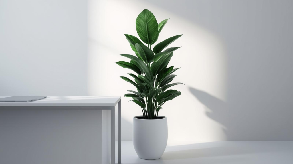 Glossy upright houseplant in a floor pot next to an office desk in soft indirect light.