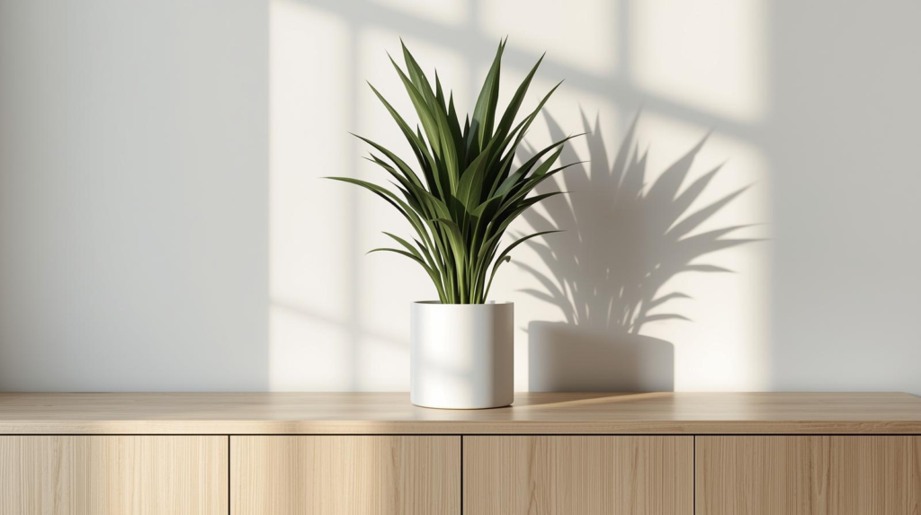 Upright sword-leaf houseplant in a white pot on an office shelf with soft side lighting.