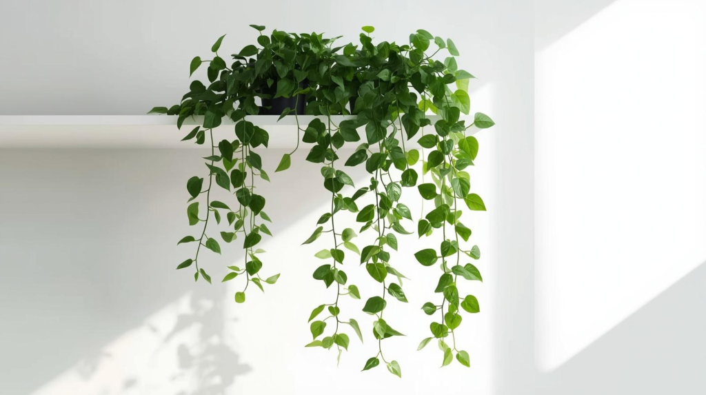 Trailing vine houseplant draping from a shelf above an office desk in bright indirect light.