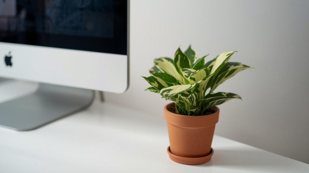 Variegated leafy houseplant in a small pot on a desk corner under soft office lighting.