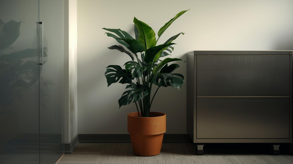 Broad-leaf green houseplant in a floor pot next to a cabinet in a low-light office corner.