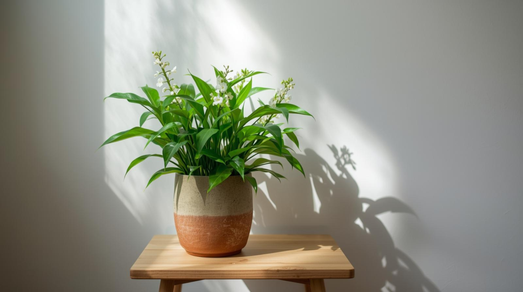 Leafy flowering houseplant with white blooms in a ceramic pot on an office side table.