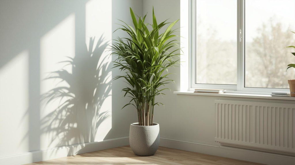 Tall cane-style houseplant in a floor pot placed in an office corner with soft daylight.