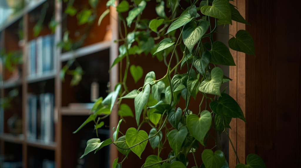Trailing heart-shaped leaf houseplant cascading from a bookshelf in warm office lighting.