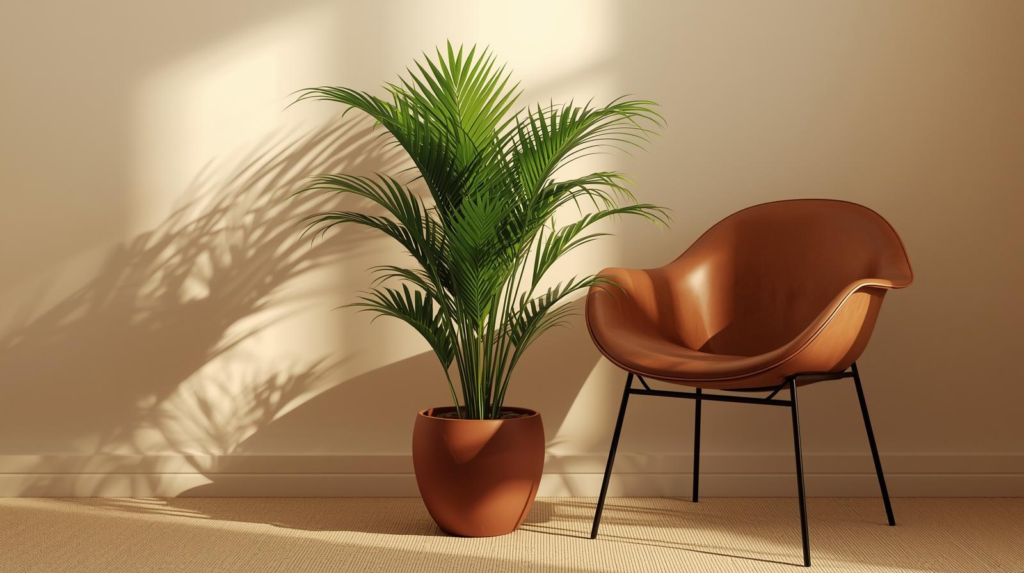 Palm-like houseplant in a floor pot beside a desk chair under soft ambient office light.