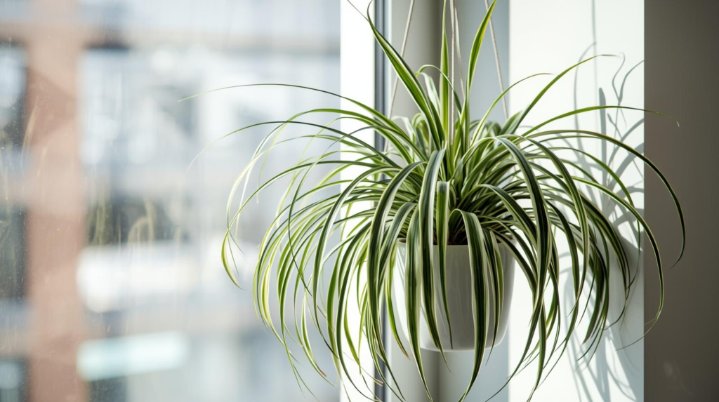Hanging spider plant with arching leaves and small plantlets near a window in bright indirect light.