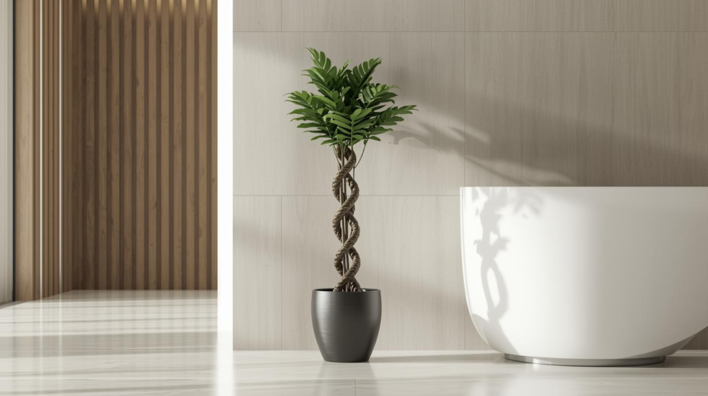 Braided-trunk houseplant in a floor pot near a reception desk in bright indirect light.