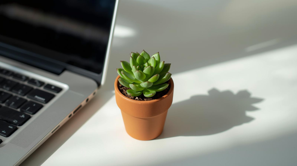 Compact thick-leaf houseplant in a small pot next to a laptop on a tidy desk.