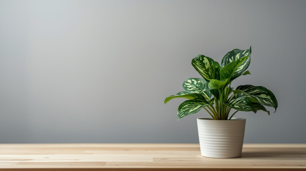 Patterned-leaf houseplant in a small pot on an office desk under soft overhead lighting.