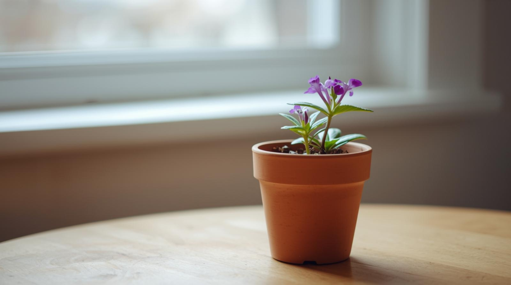 Small flowering houseplant with purple blooms in a pot on a desk near a window in soft light.