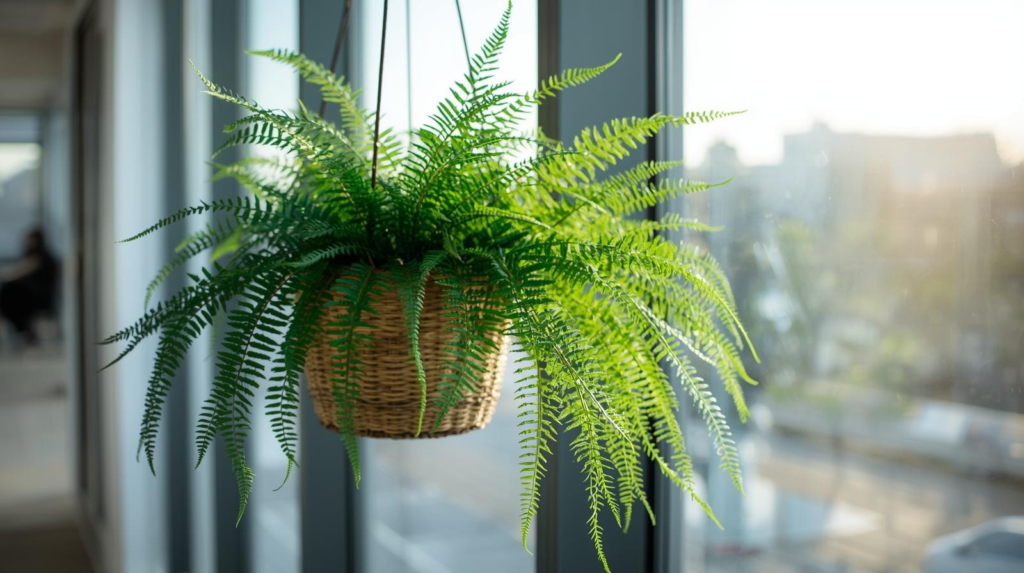 Lush fern in a hanging basket near a window with bright, indirect light in an office setting.