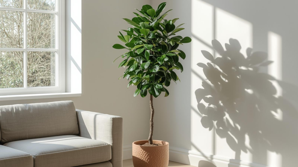 Tall glossy-leaf indoor tree in a clay pot next to a sofa in bright, indirect natural light.