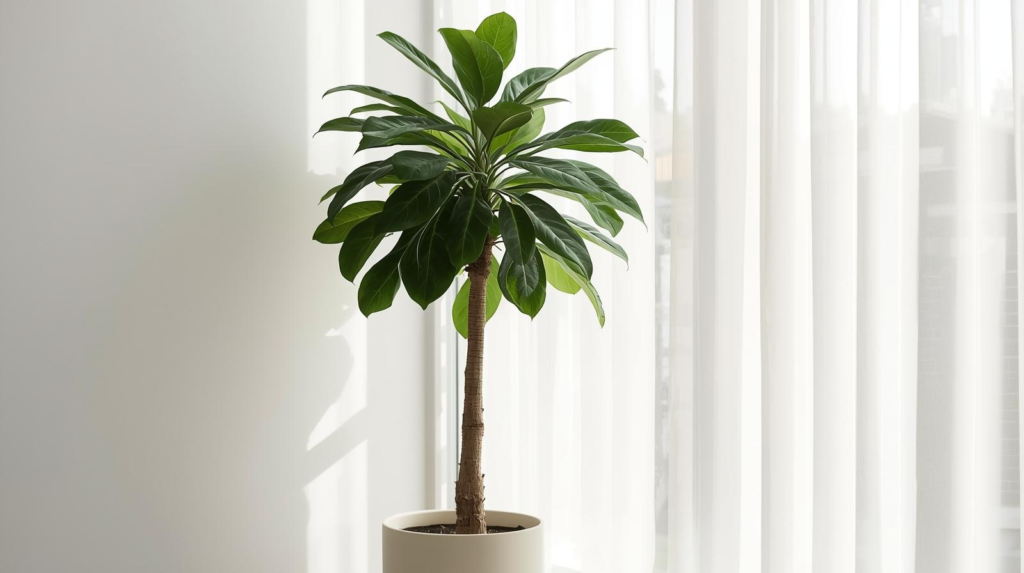 Leafy indoor tree with a slim trunk in a ceramic pot positioned near a window with sheer curtains.
