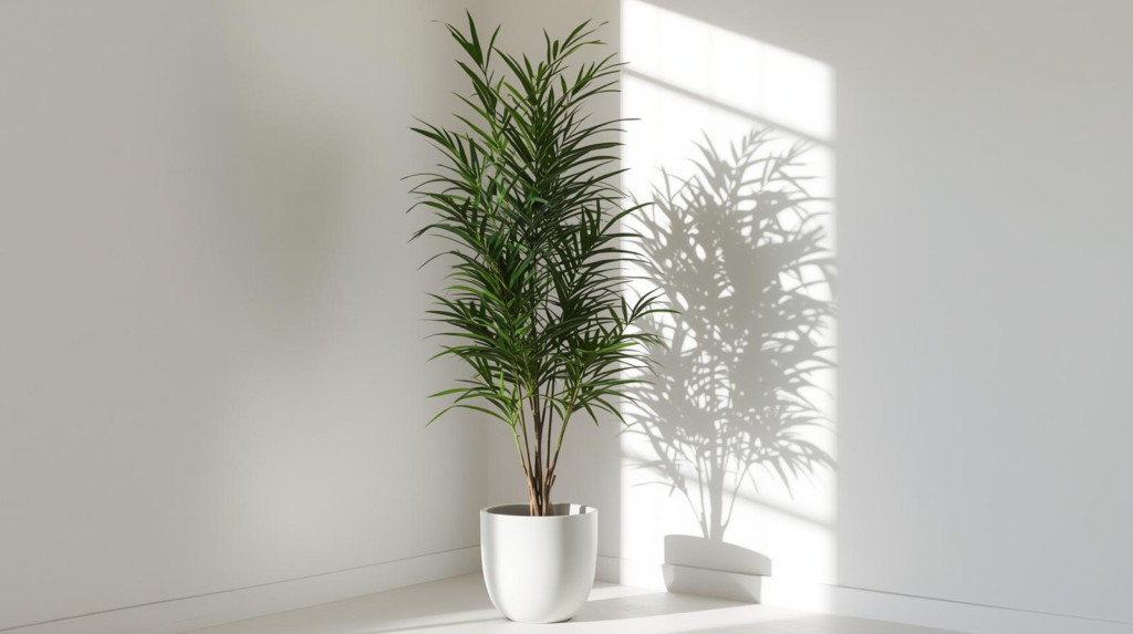 Slender narrow-leaf indoor tree in a matte white pot in a minimalist room corner with bright indirect light.