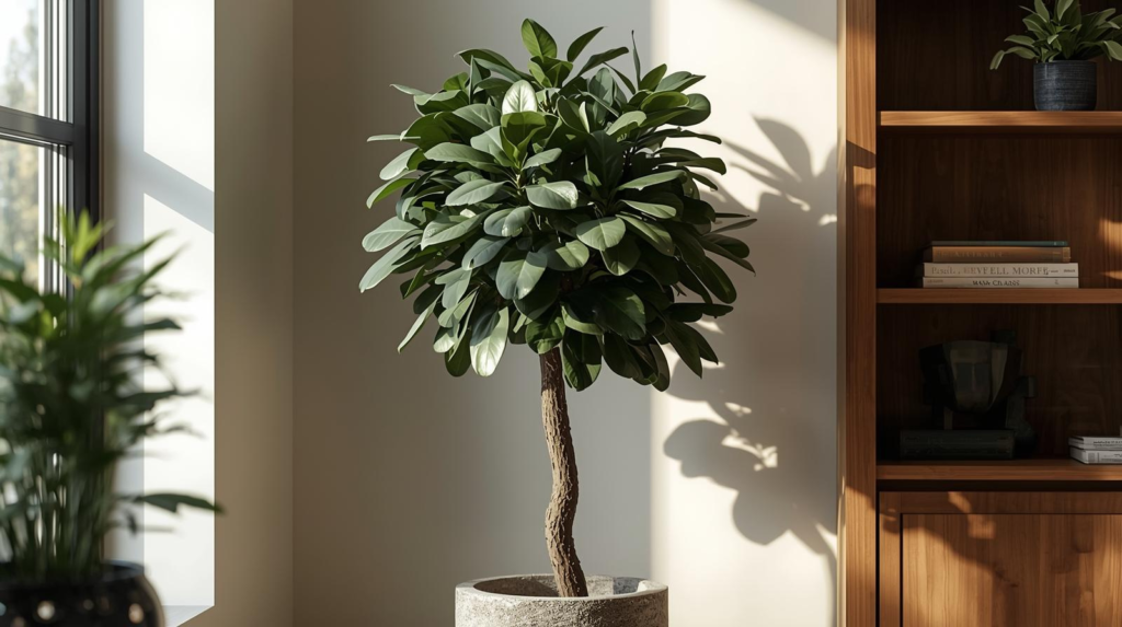 Tall matte-leaf indoor tree in a stone planter beside a bookcase in soft daylight.