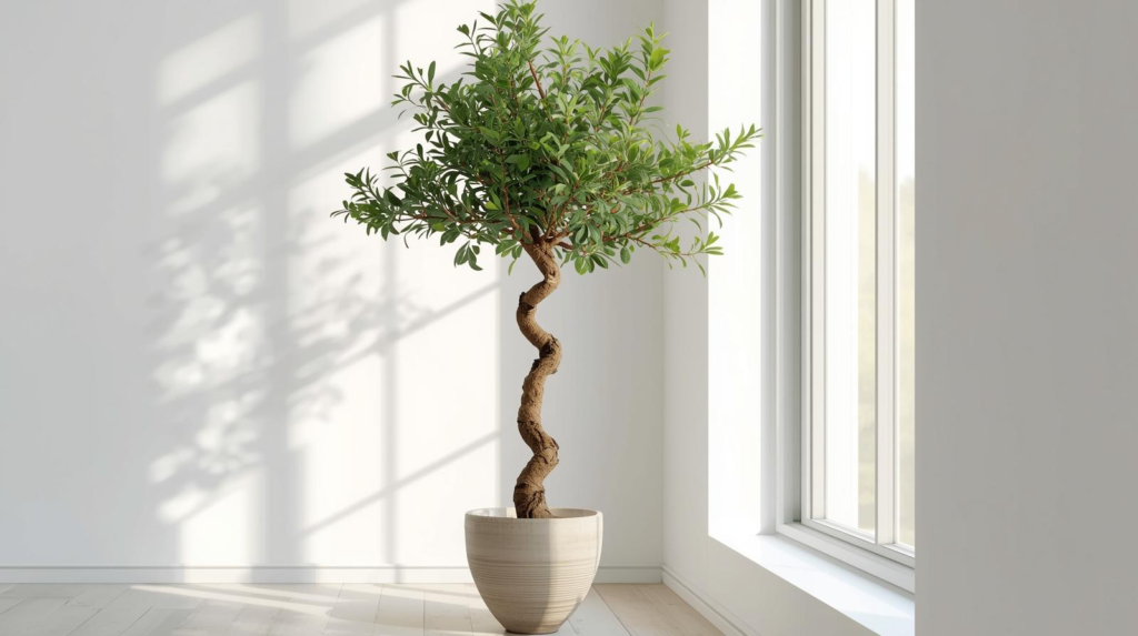 Braided-trunk indoor tree in a neutral pot placed near a bright window with soft morning light.