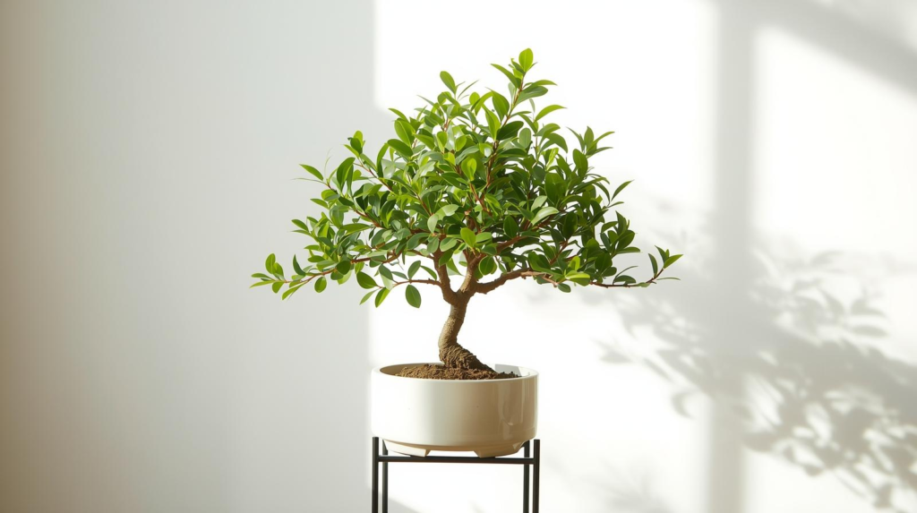 Compact indoor tree with finely cut leaves in a ceramic pot on a stand in bright indirect light.