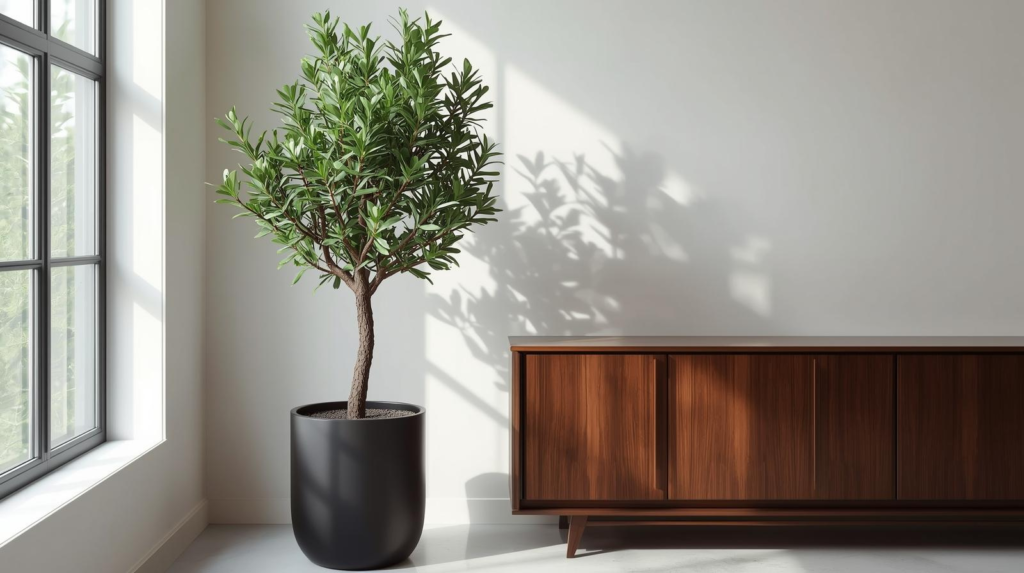 Tall spiky-leaf indoor tree in a black planter beside a credenza in soft indirect light.