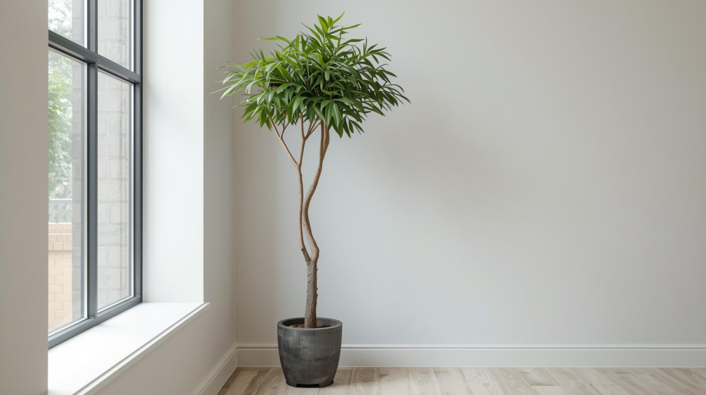 Cane-form indoor tree with arching leaves in a floor pot placed near a window in a neutral room.