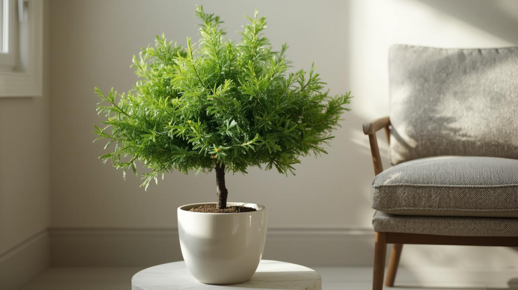 Small indoor evergreen-style tree in a ceramic pot beside a chair in bright indirect light.