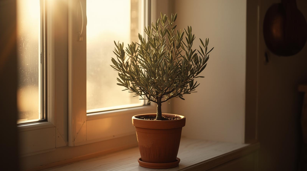 Dwarf olive tree in a terracotta pot placed near a sunny kitchen window with warm afternoon light.