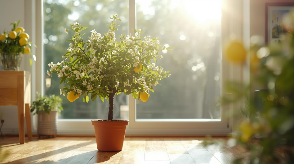 Potted lemon tree with blossoms positioned by a sunny window with bright natural light.