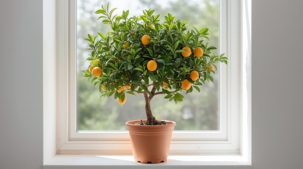 Compact potted citrus tree near a bright window with small orange-colored fruit and glossy leaves.