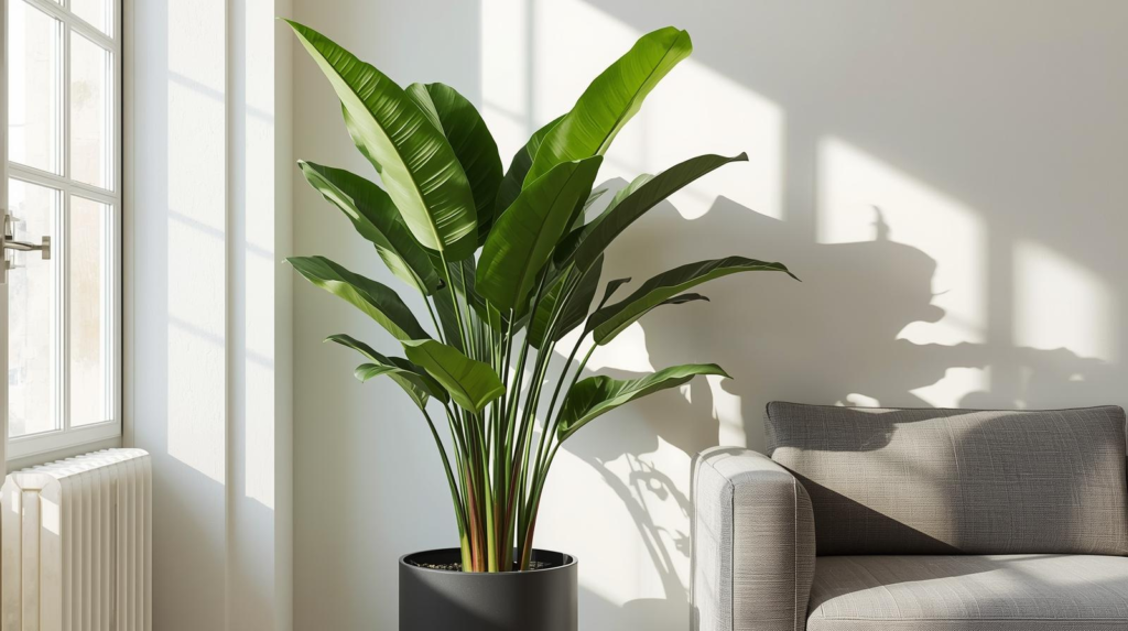 Large tropical indoor plant with tall stems and broad leaves in a floor pot beside a couch in bright indirect light.