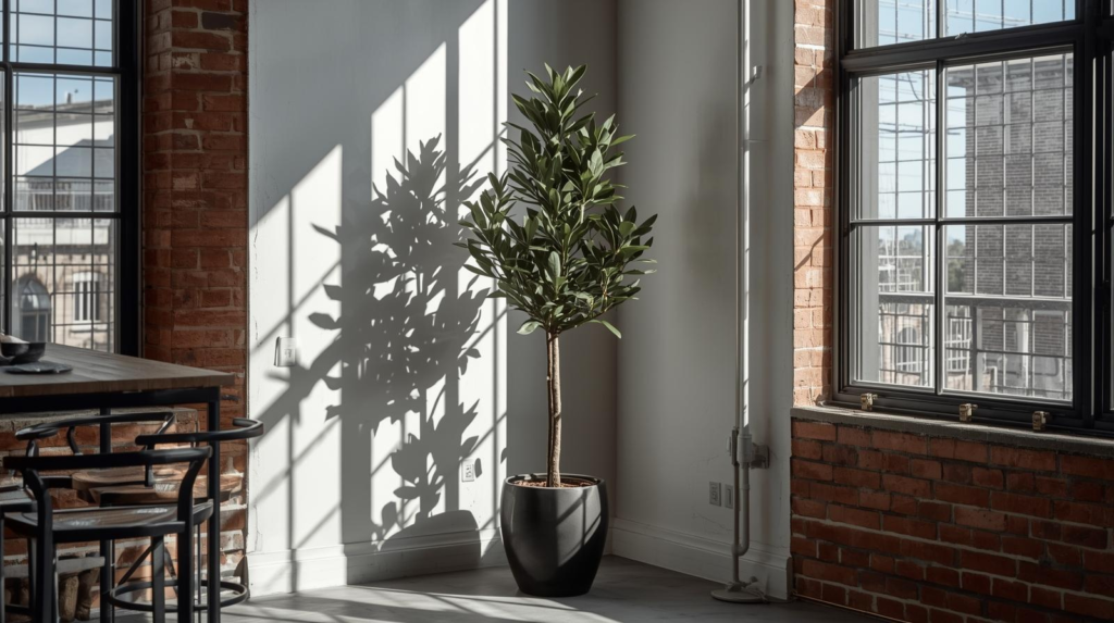Tall stiff-leaf indoor tree in a matte black pot placed in a modern room corner with bright light.