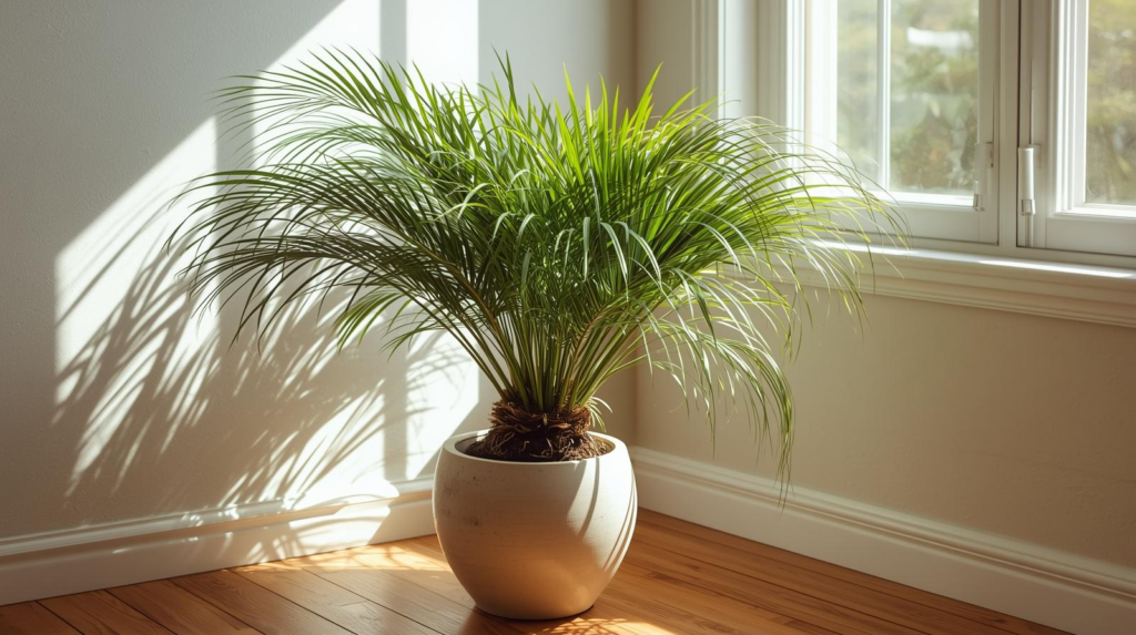 Ponytail palm with a swollen base and cascading leaves in a pot near a sunny window.