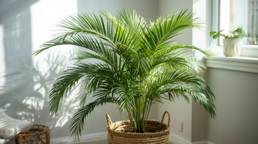 Full feathery palm in a basket-style planter placed in a bright living room corner.