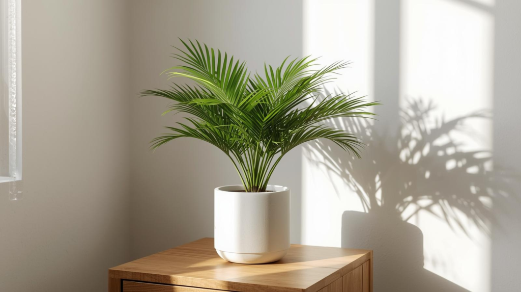 Parlor palm in a simple pot beside a side table in soft indirect light with gently arching fronds.