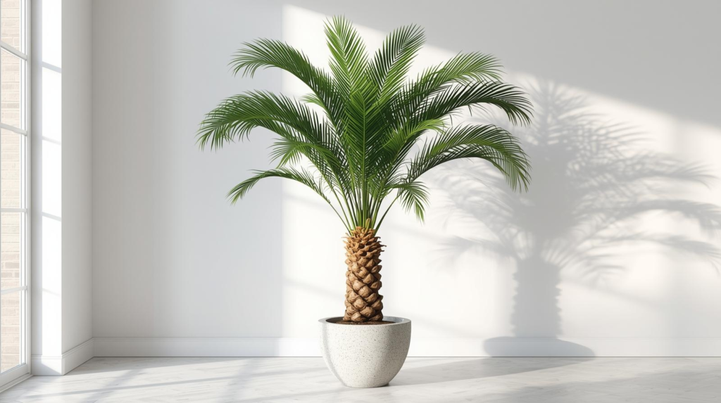 Tall elegant palm with arching fronds in a stone planter in a spacious room with soft indirect light.