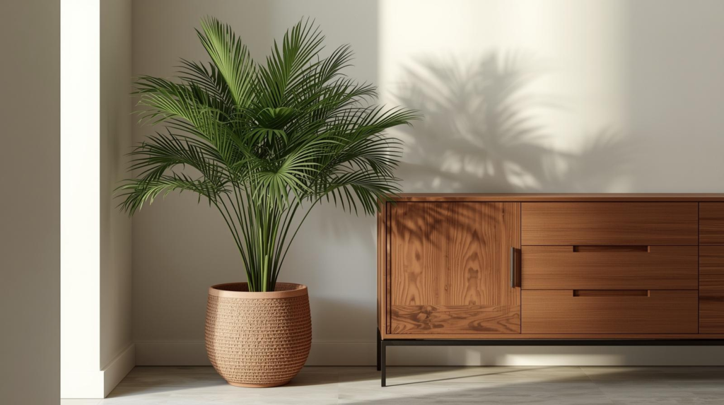 Clumping fan palm in a ceramic pot near a hallway table in medium indoor light.