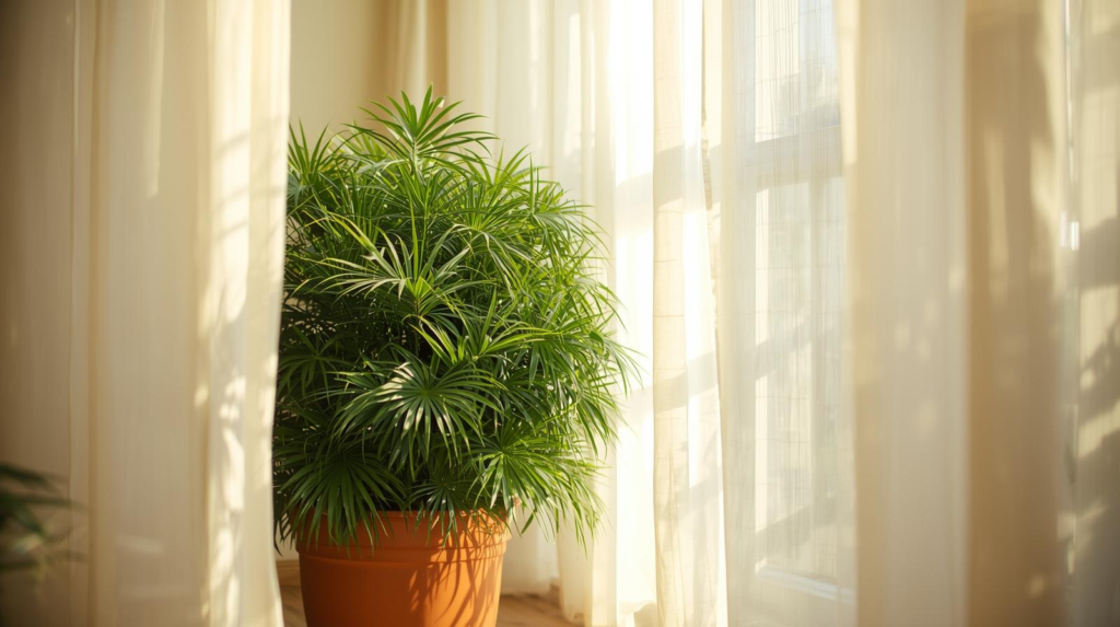 Dense bushy palm in a pot beside a bright window with sheer curtains and soft indirect light.