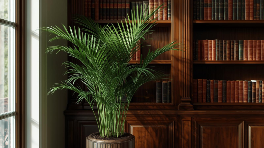 Upright cane palm in a tall planter next to a bookshelf in bright indirect light.