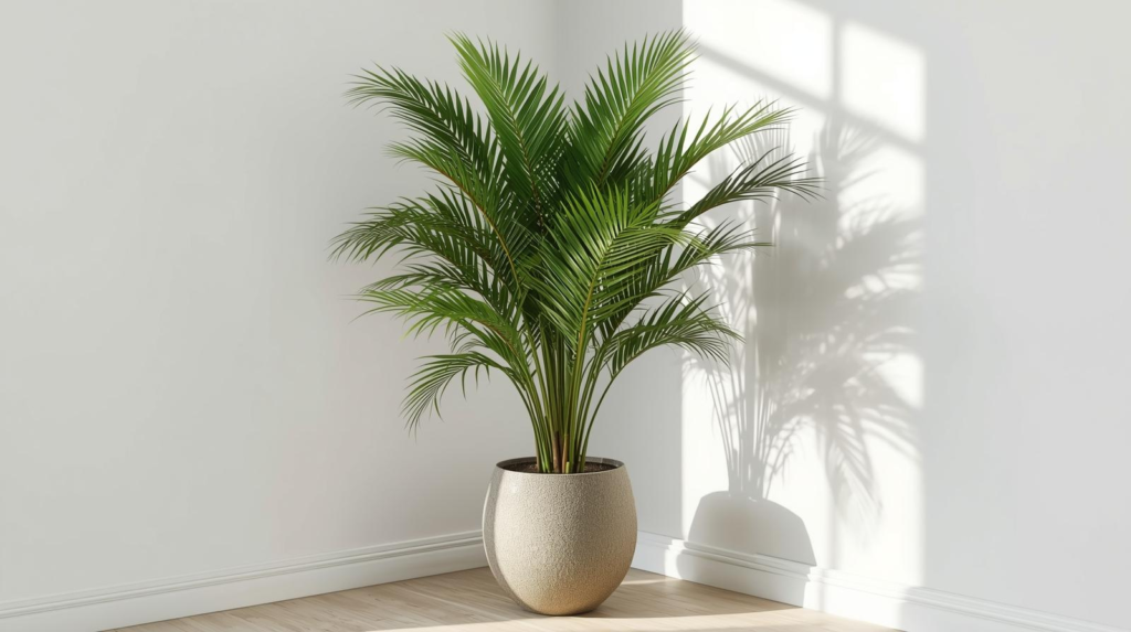 Large palm with sweeping fronds in a floor pot placed in a bright corner with soft natural light.