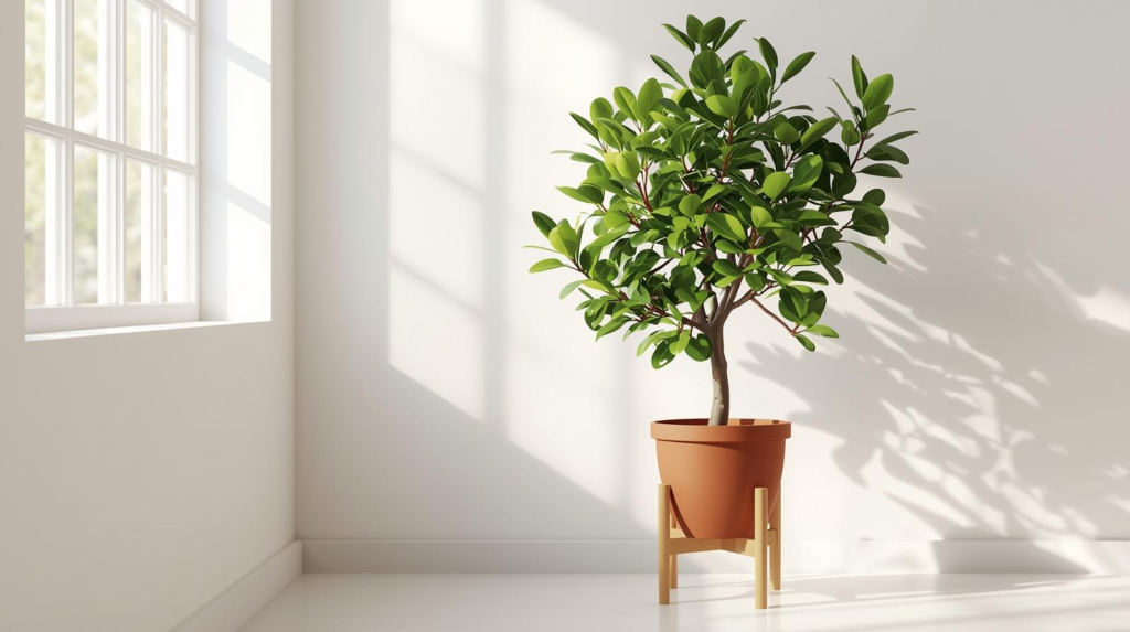 Compact glossy-leaf indoor tree in a pot on a stand near a window with soft indirect light.