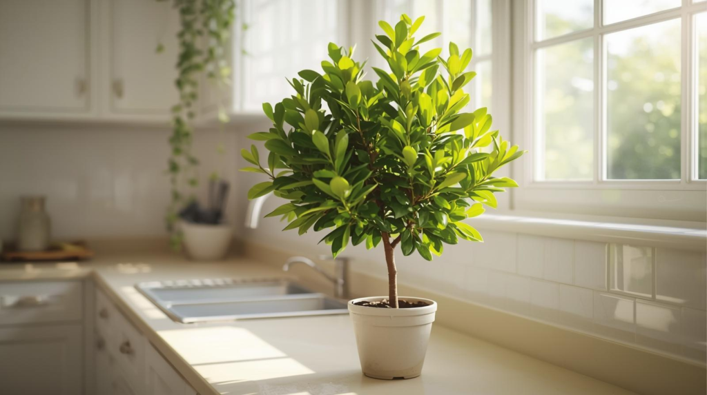 Potted bay laurel tree in a bright kitchen near a window with warm natural light.