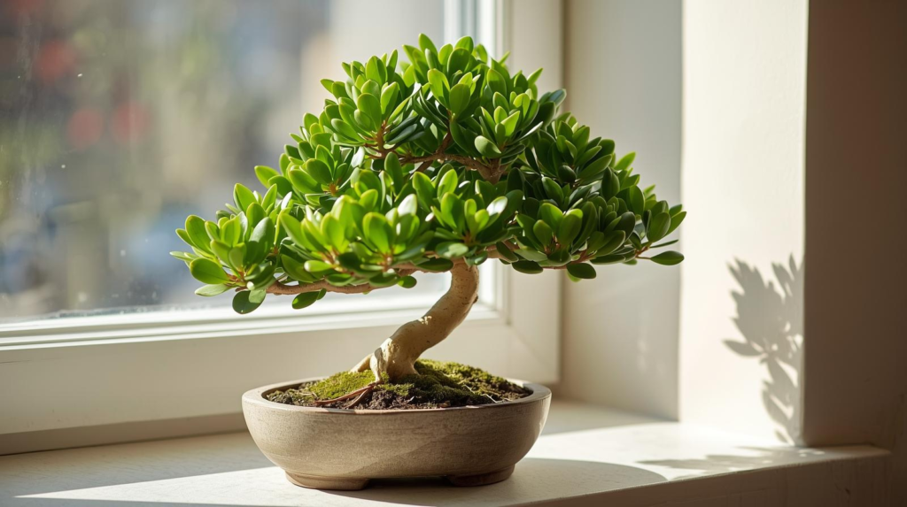 Jade plant trained like a small tree in a pot on a sunny windowsill with thick trunk and branching stems.