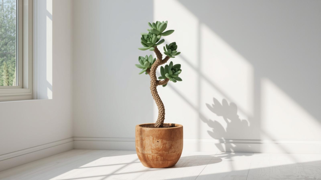 Spiny-trunk succulent tree in a pot placed in a sunlit corner with crisp shadows.