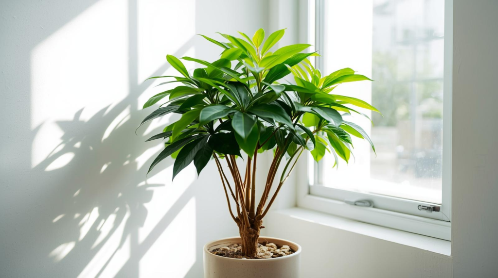 Full umbrella tree with multiple stems in a pot beside a window in bright indirect light.