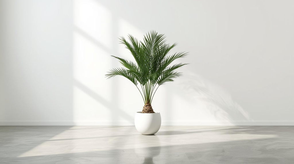 Symmetrical sago-style plant in a floor pot in a bright room; stiff fronds radiate from a central crown.