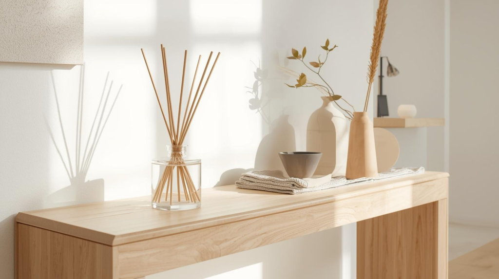 Clear glass reed diffuser with natural rattan reeds on a console table in a bright entryway.