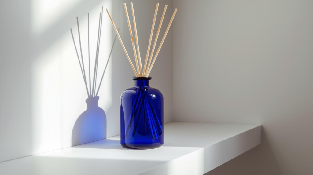 Glass reed diffuser with rattan reeds on a bathroom shelf in soft natural daylight.