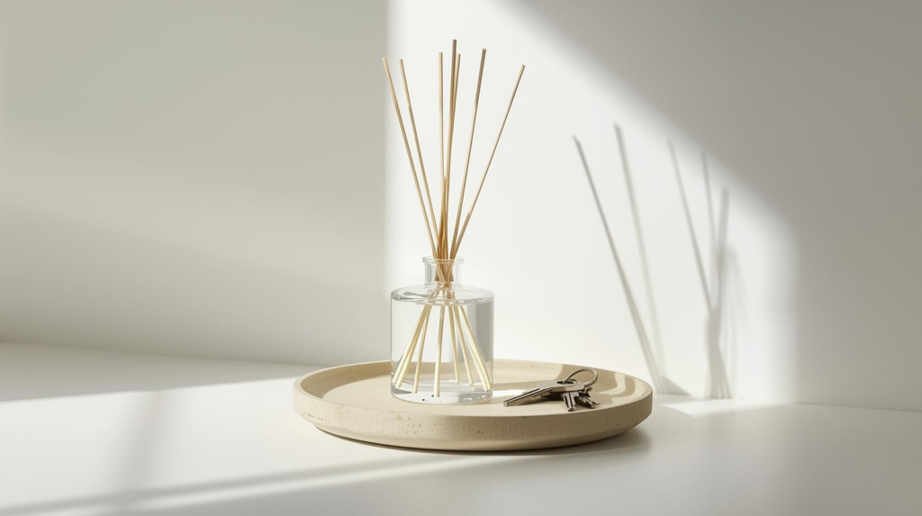 Small clear glass reed diffuser with reeds on an entryway tray beside household items.