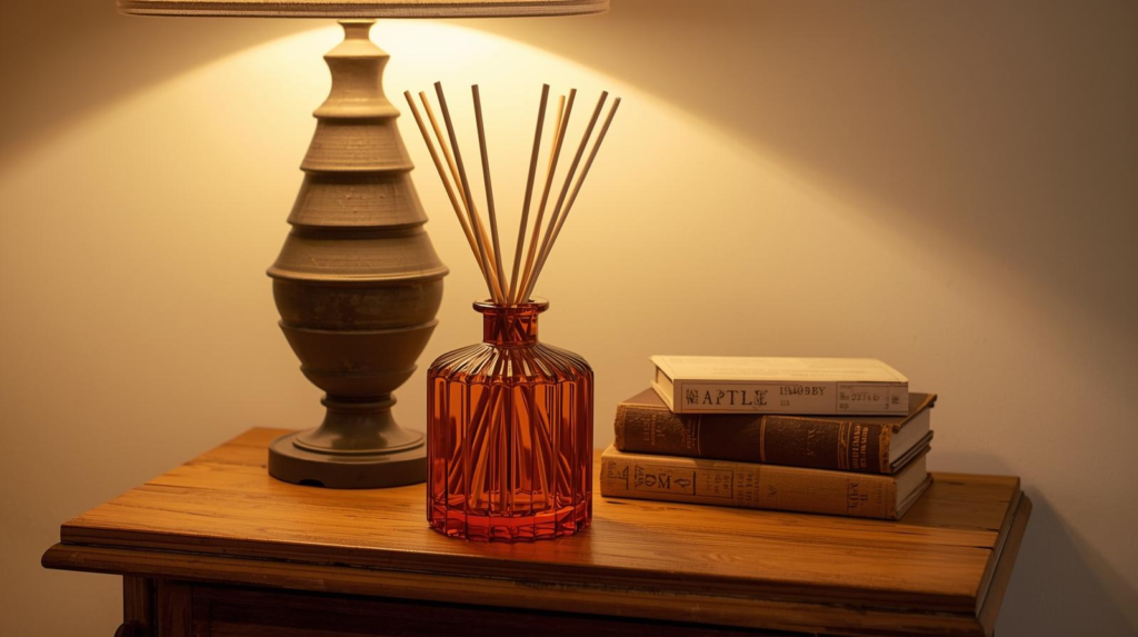 Amber glass reed diffuser with reeds on a wooden side table under warm indoor lighting.