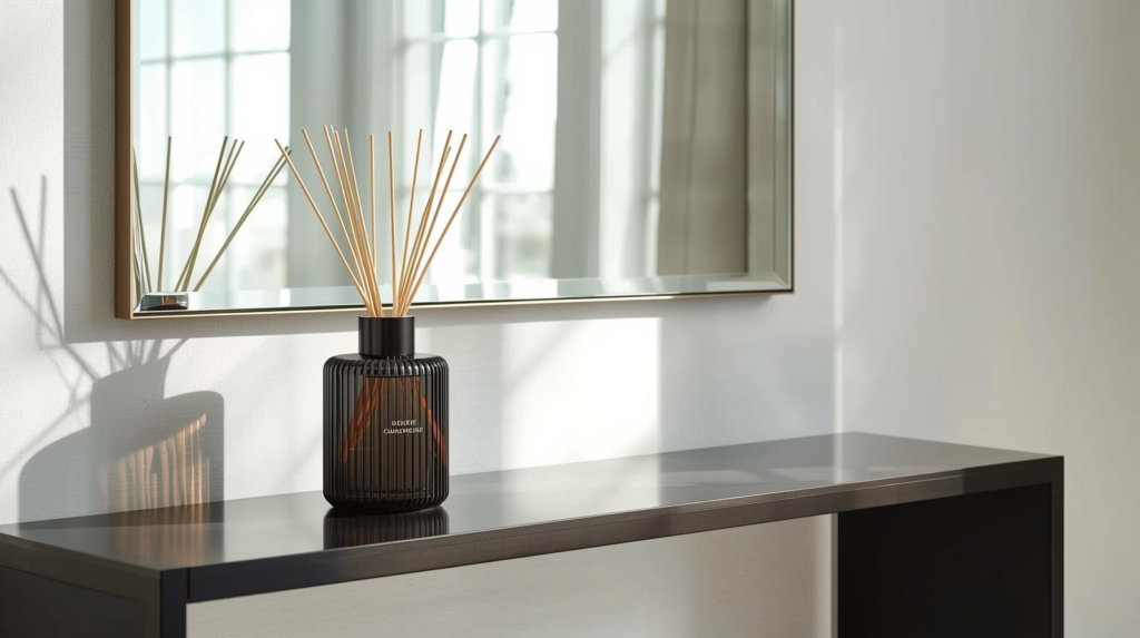 Dark glass reed diffuser with reeds on a foyer console table beneath a wall mirror.