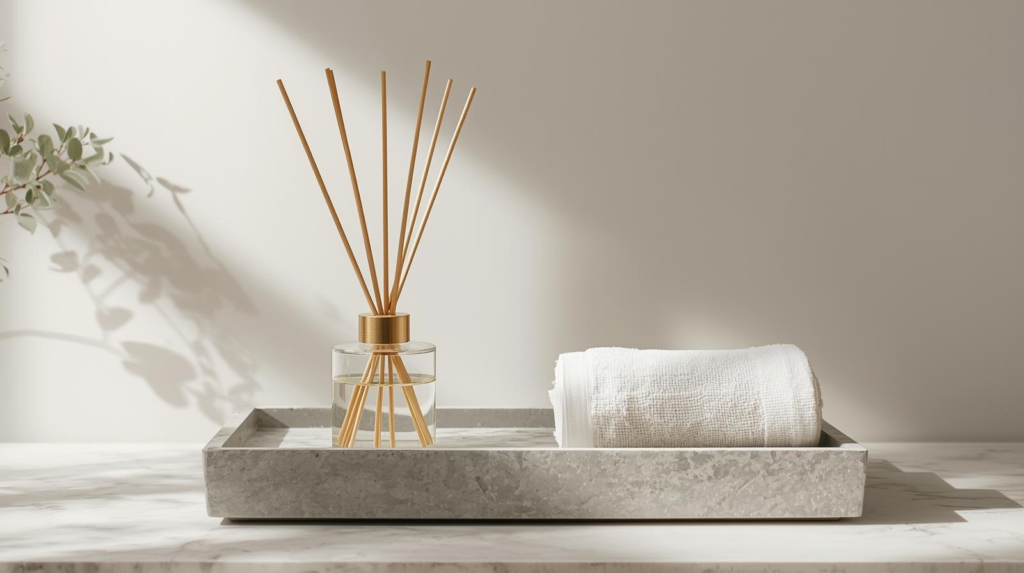 Minimal glass reed diffuser with reeds on a stone tray beside folded linens.